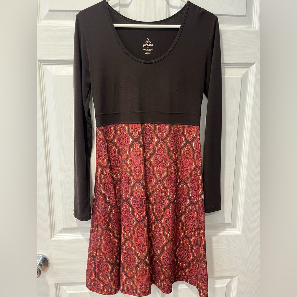 Prana Brown and Red Patterned Long Sleeve Dress